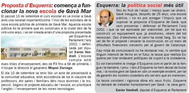 Noticia y art&iacute;culo de opini&oacute;n de Xavier Vendrell (Diputado de ERC en el Parlament) sobre la puesta en marcha del nuevo CEIP de Gav&agrave; Mar (Septiembre de 2008) (L'Erampruny&agrave;, n&uacute;mero 61)
